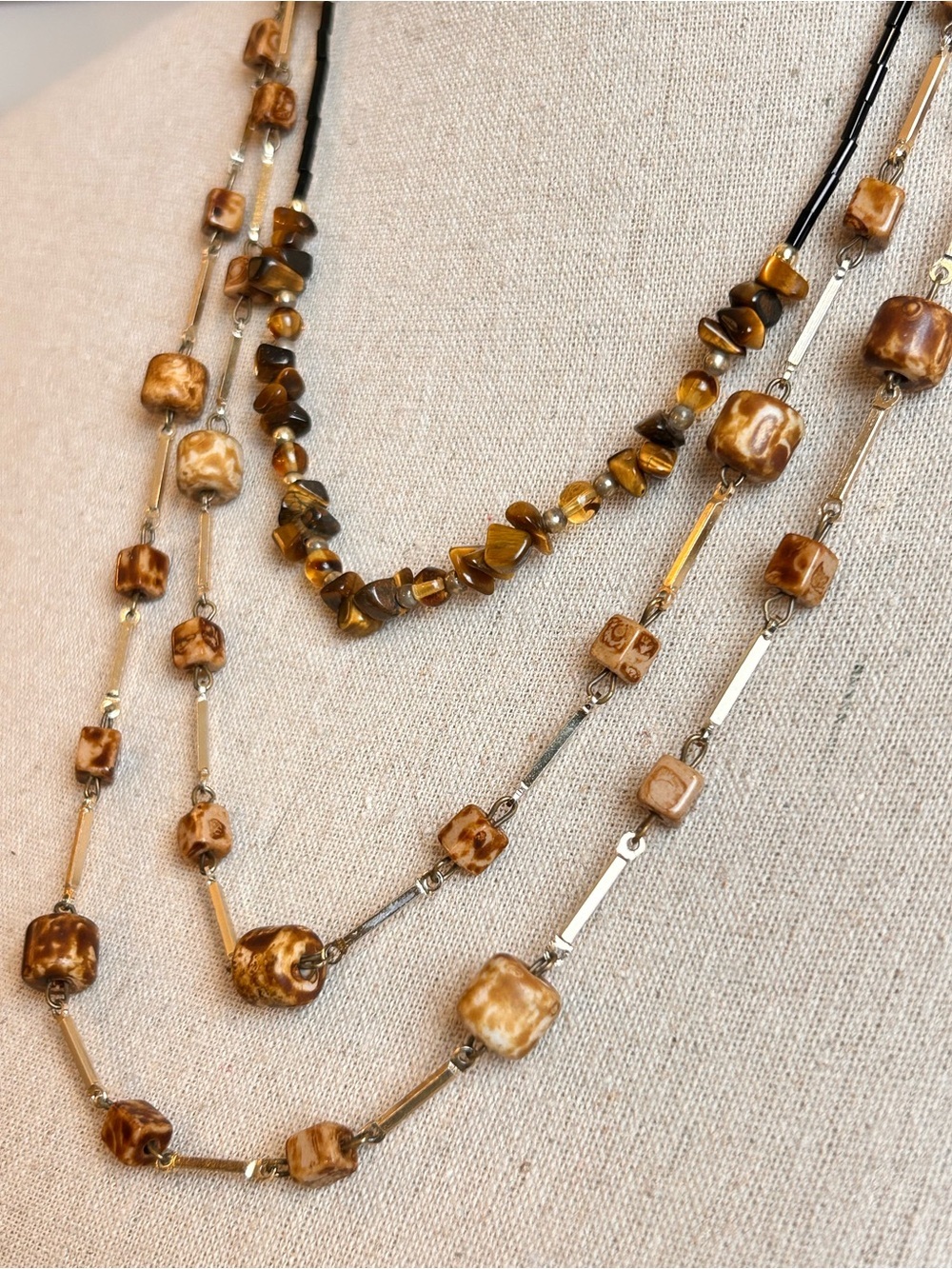 💝2/20$ Two Vintage Stone Bead Necklace Bundle: Tiger Eye & Jasper Layering Set
